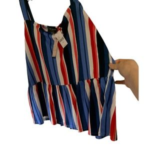 LANE BRYANT Milkmaid Styled Flowing Blouse, Red Wht Blue Vertical Stripes 18/20